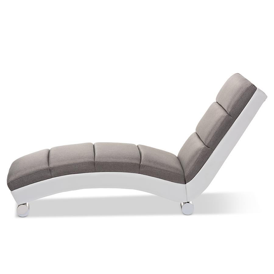 Grey Fabric and White Faux Leather Upholstered Chaise Lounge. Picture 2