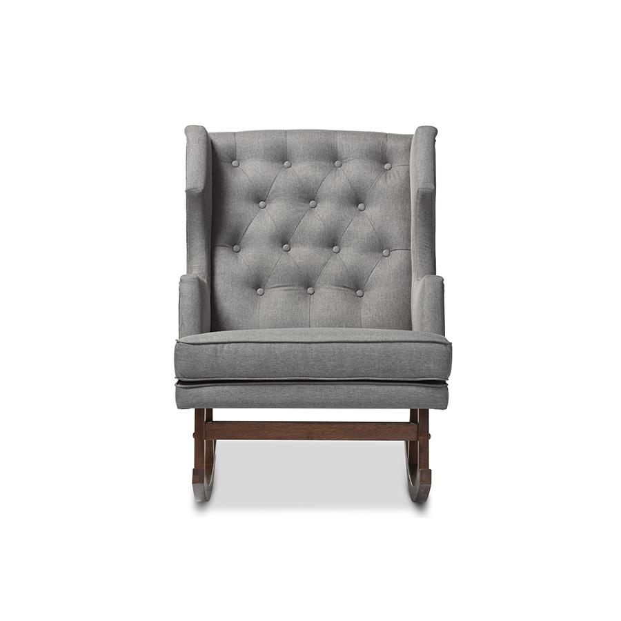 Iona Mid-century Retro Modern Grey Fabric Upholstered Button-tufted Wingback Rocking Chair. Picture 1
