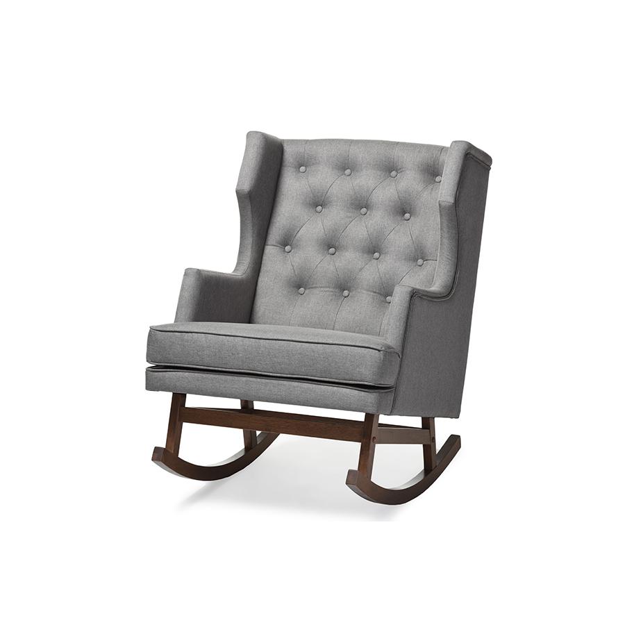 Iona Mid-century Retro Modern Grey Fabric Upholstered Button-tufted Wingback Rocking Chair. Picture 2