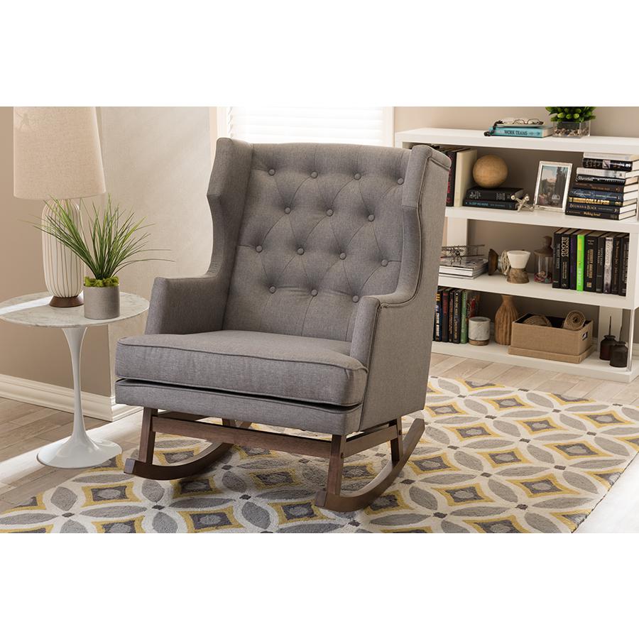 Grey Fabric Upholstered Button-tufted Wingback Rocking Chair. Picture 4