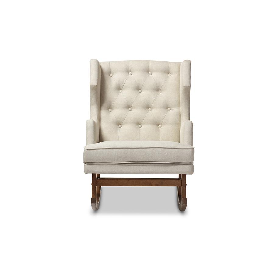 Iona Mid-century Retro Modern Light Beige Fabric Upholstered Button-tufted Wingback Rocking Chair. Picture 1