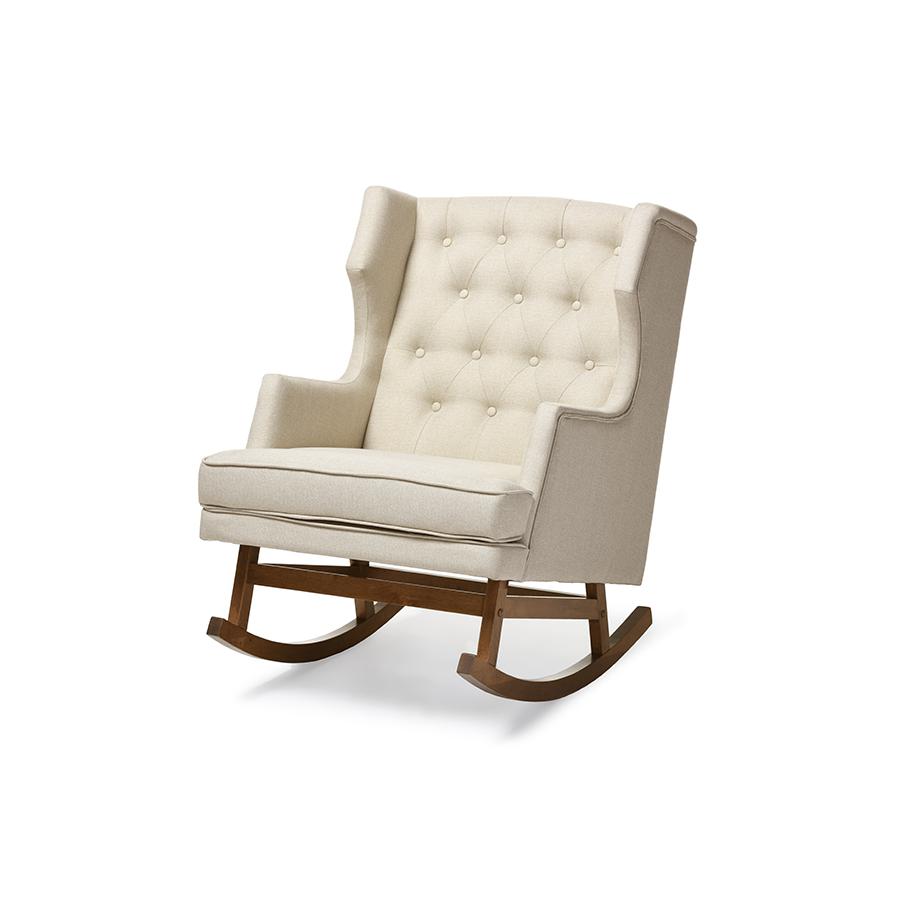 Iona Mid-century Retro Modern Light Beige Fabric Upholstered Button-tufted Wingback Rocking Chair. Picture 2