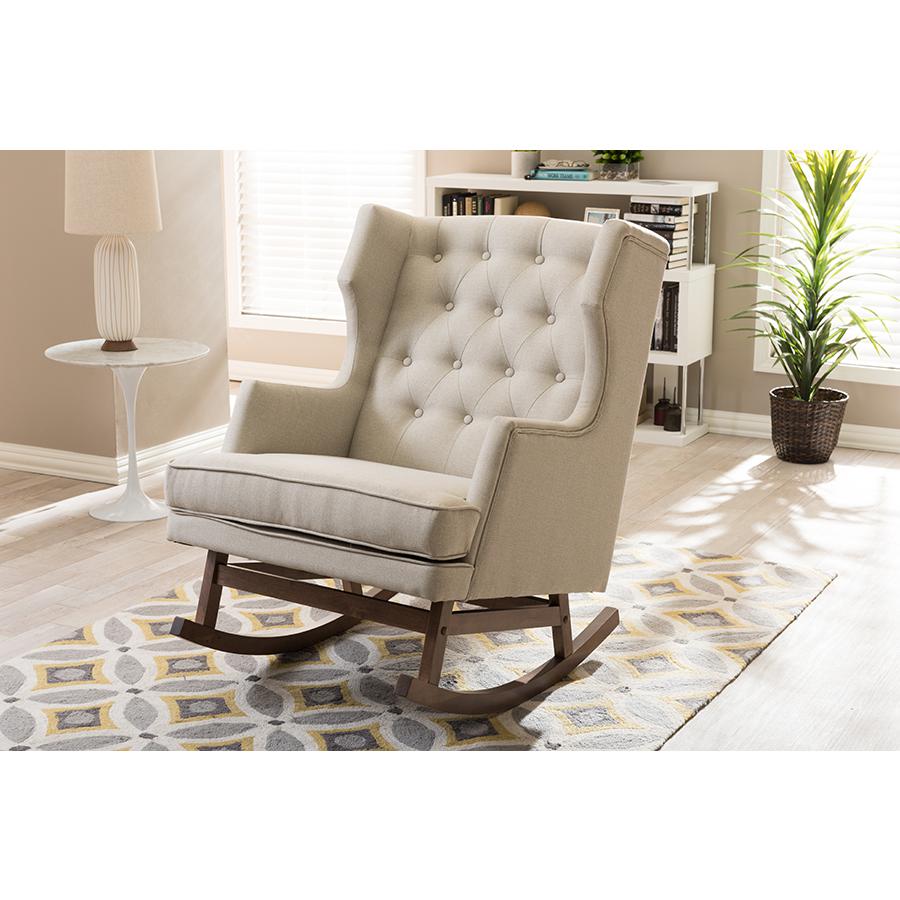 Light Beige Fabric Upholstered Button-tufted Wingback Rocking Chair. Picture 4