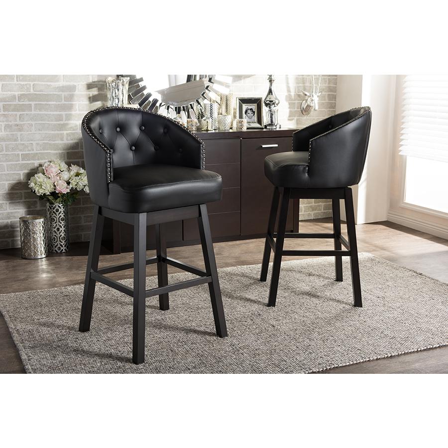 Avril Black Tufted Swivel Barstool with Nail heads Trim. Picture 4