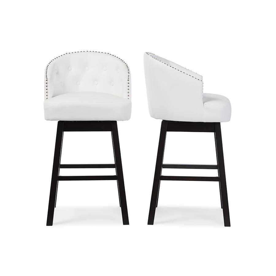 Baxton Studio Avril Modern and Contemporary White Faux Leather Tufted 2-Piece Swivel Barstool Set with Nail heads Trim. Picture 1