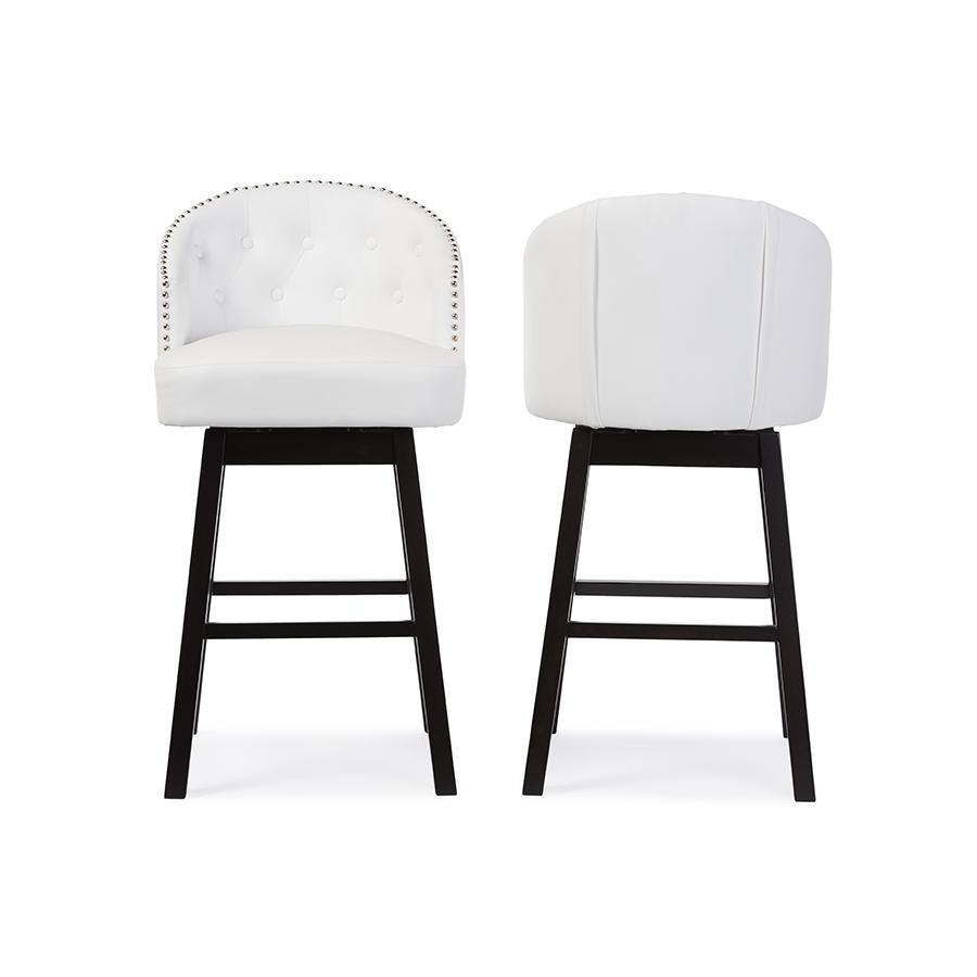 Baxton Studio Avril Modern and Contemporary White Faux Leather Tufted 2-Piece Swivel Barstool Set with Nail heads Trim. Picture 2