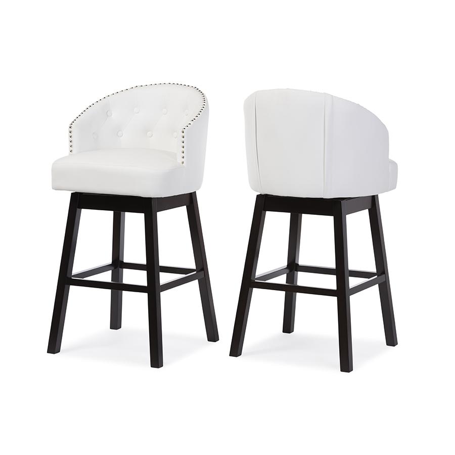 Baxton Studio Avril Modern and Contemporary White Faux Leather Tufted 2-Piece Swivel Barstool Set with Nail heads Trim. Picture 3