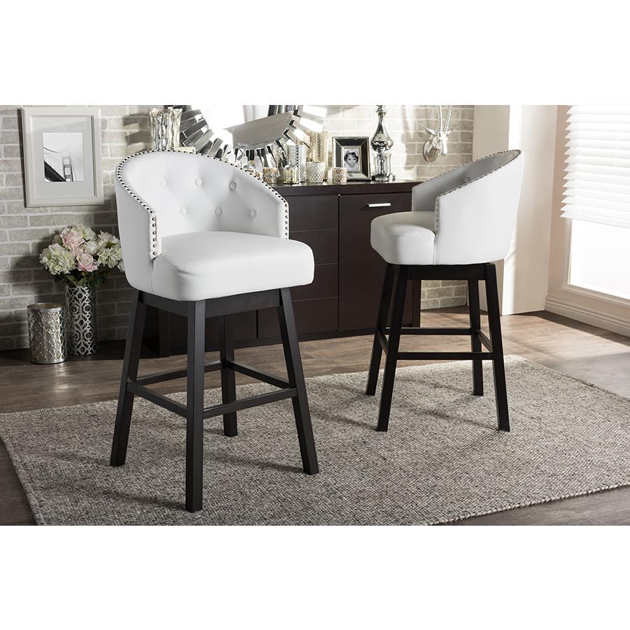 Baxton Studio Avril Modern and Contemporary White Faux Leather Tufted 2-Piece Swivel Barstool Set with Nail heads Trim. Picture 4
