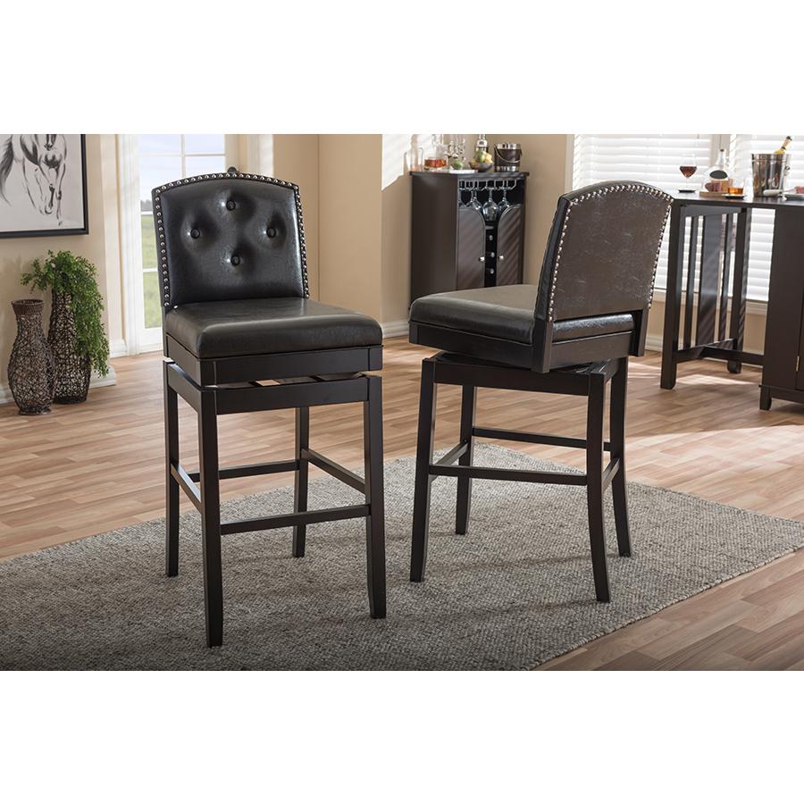 Dark Brown Faux Leather Button-tufted Upholstered Swivel Bar Stool (Set of 2). Picture 4