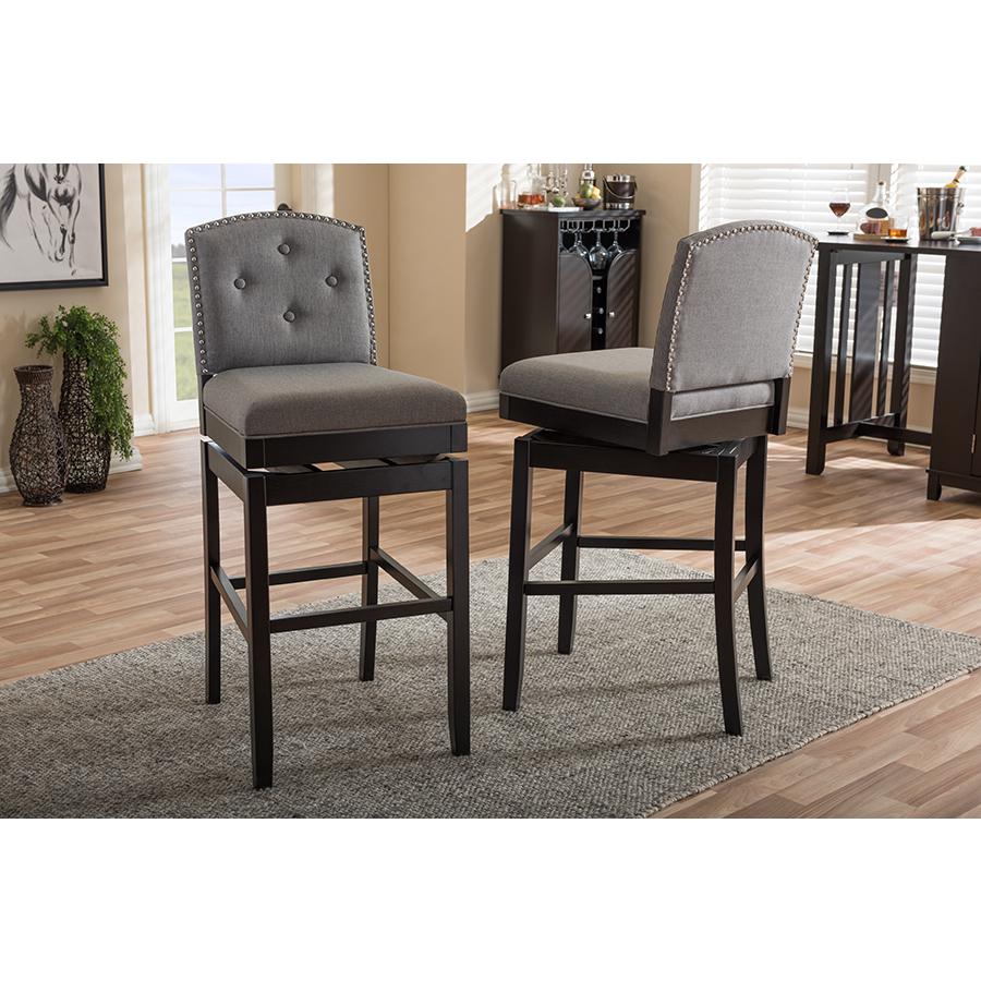 Grey Fabric Button-tufted Upholstered Swivel Bar Stool (Set of 2). Picture 4