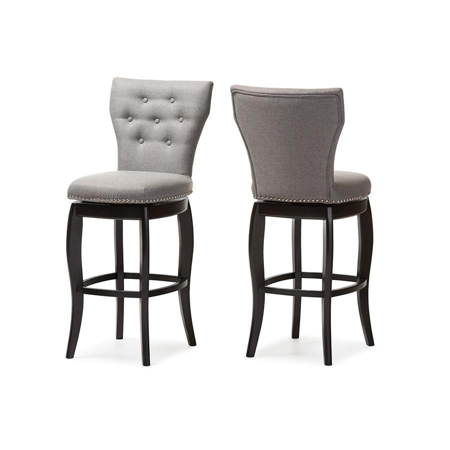 Grey Fabric Upholstered Button-tufted 29-Inch 2-Piece Swivel Bar Stool Set. Picture 1
