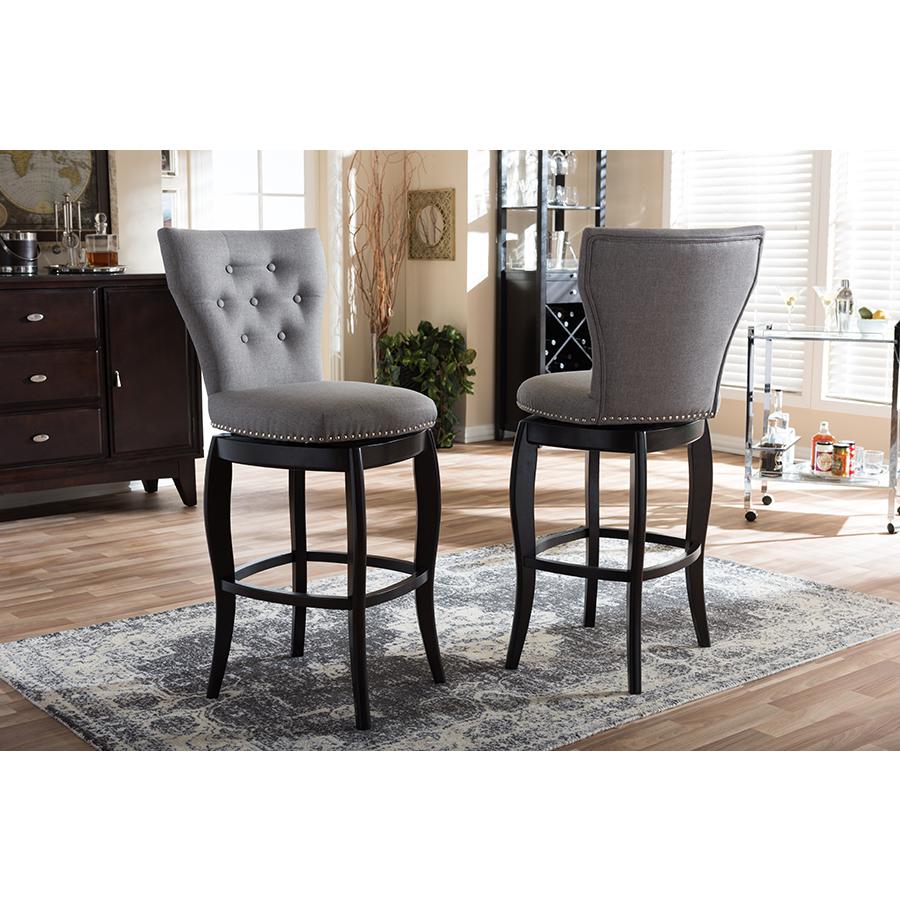 Grey Fabric Upholstered Button-tufted 29-Inch 2-Piece Swivel Bar Stool Set. Picture 4