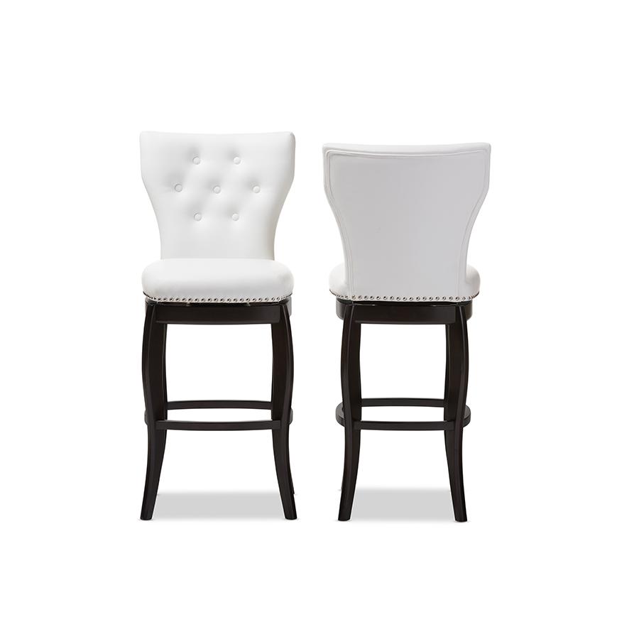 Baxton Studio Leonice Modern and Contemporary White Faux Leather Upholstered Button-tufted 29-Inch 2-Piece Swivel Bar Stool Set. Picture 1
