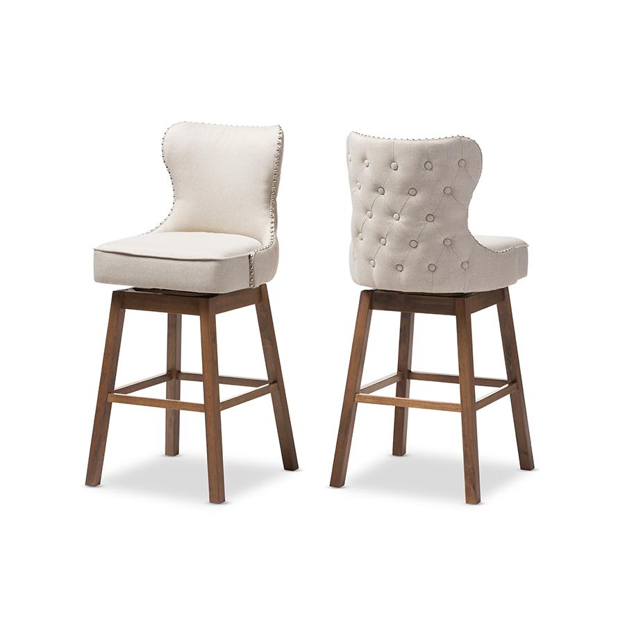 Light Beige Fabric Button-Tufted Upholstered 2-Piece Swivel Barstool Set. Picture 1