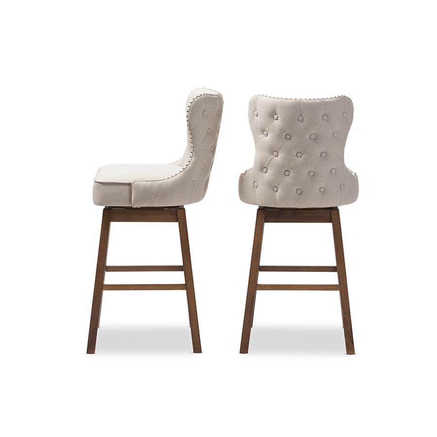 Gradisca Modern and Contemporary Brown Wood Finishing and Light Beige Fabric Button-Tufted Upholstered Swivel Barstool Light Beige/Walnut Brown. Picture 3