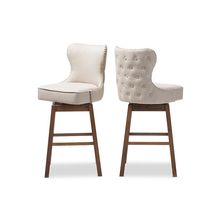 Light Beige Fabric Button-Tufted Upholstered 2-Piece Swivel Barstool Set. Picture 4