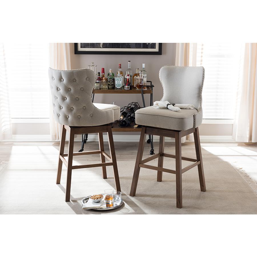 Light Beige Fabric Button-Tufted Upholstered 2-Piece Swivel Barstool Set. Picture 7