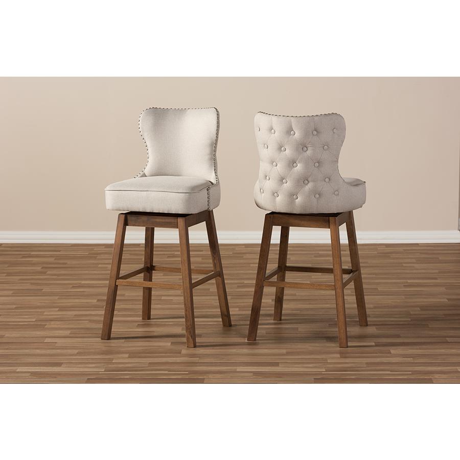 Light Beige Fabric Button-Tufted Upholstered 2-Piece Swivel Barstool Set. Picture 8