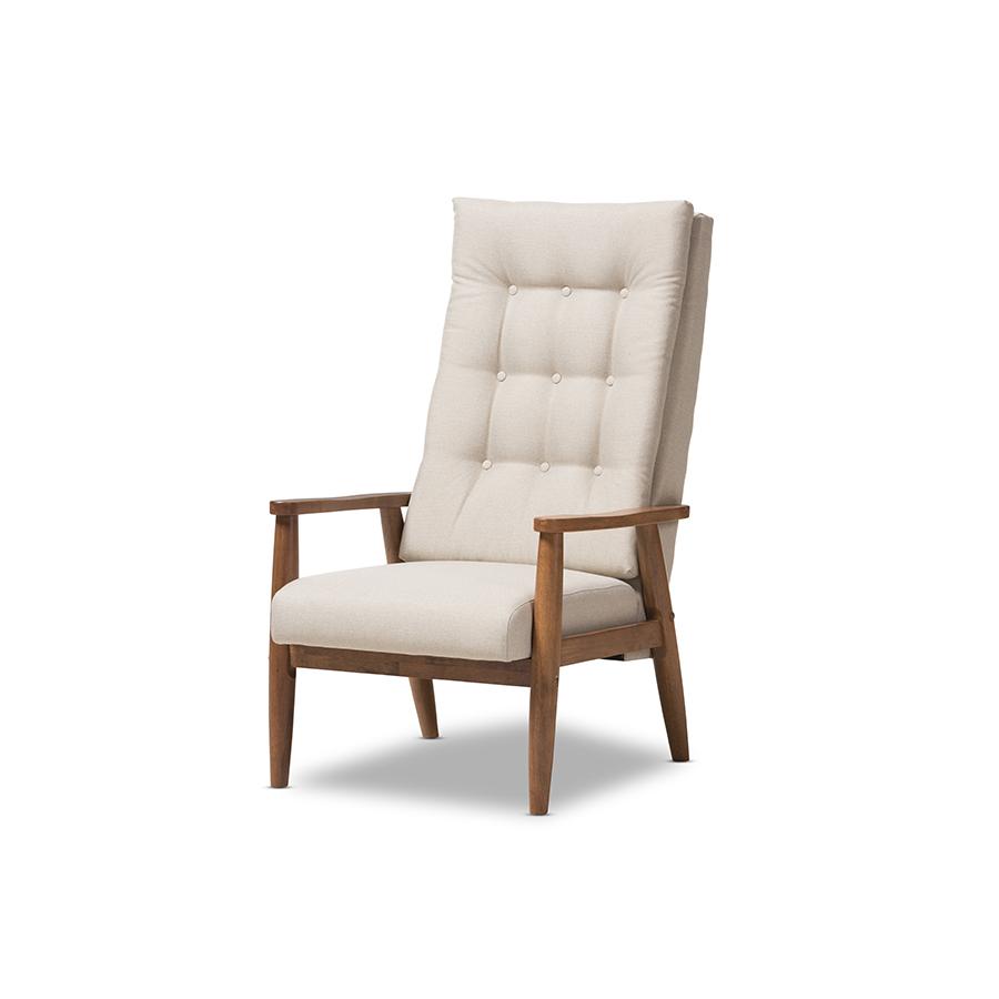 Roxy Mid-Century Modern Walnut Brown Finish Wood and Light Beige Fabric Upholstered Button-Tufted High-Back Chair. Picture 1