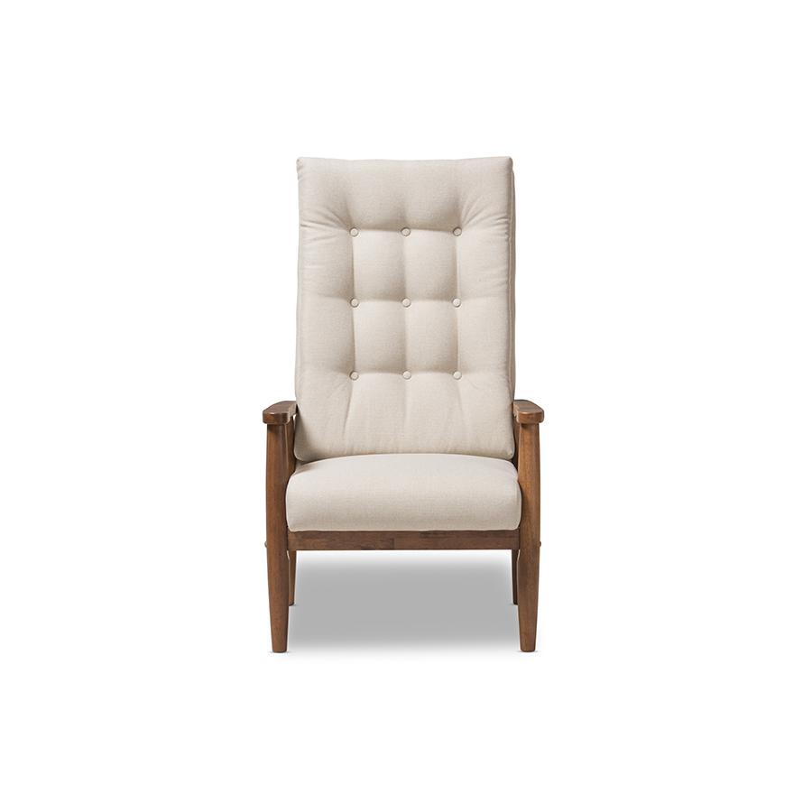 Roxy Mid-Century Modern Walnut Brown Finish Wood and Light Beige Fabric Upholstered Button-Tufted High-Back Chair. Picture 2