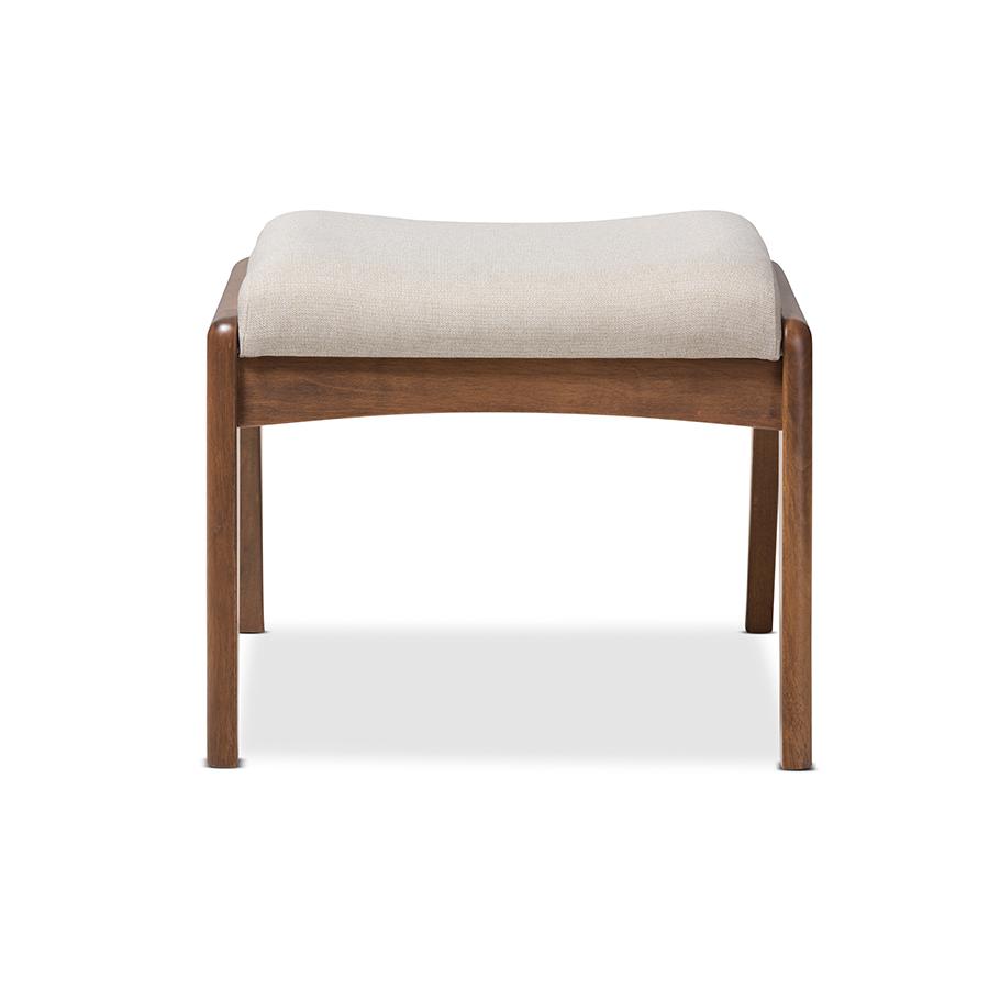 Walnut Wood Finishing and Light Beige Fabric Upholstered Ottoman. Picture 2