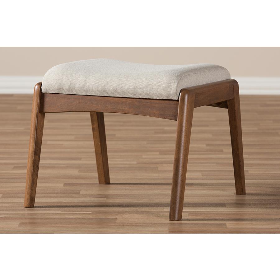 Walnut Wood Finishing and Light Beige Fabric Upholstered Ottoman. Picture 5