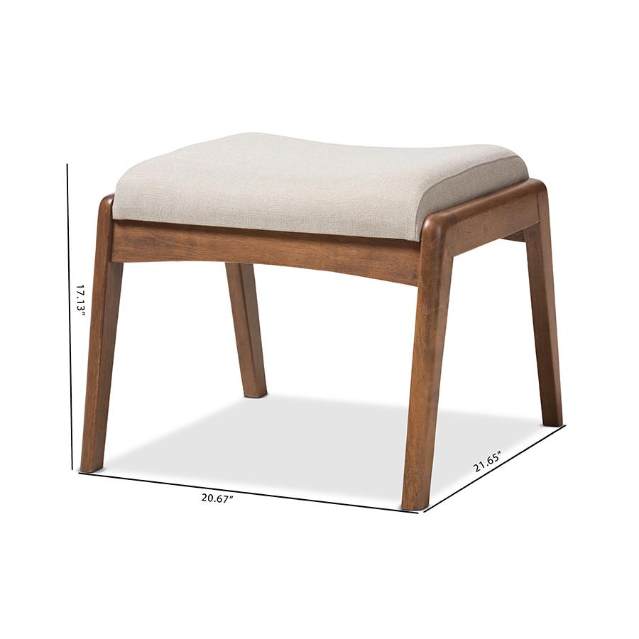 Walnut Wood Finishing and Light Beige Fabric Upholstered Ottoman. Picture 6
