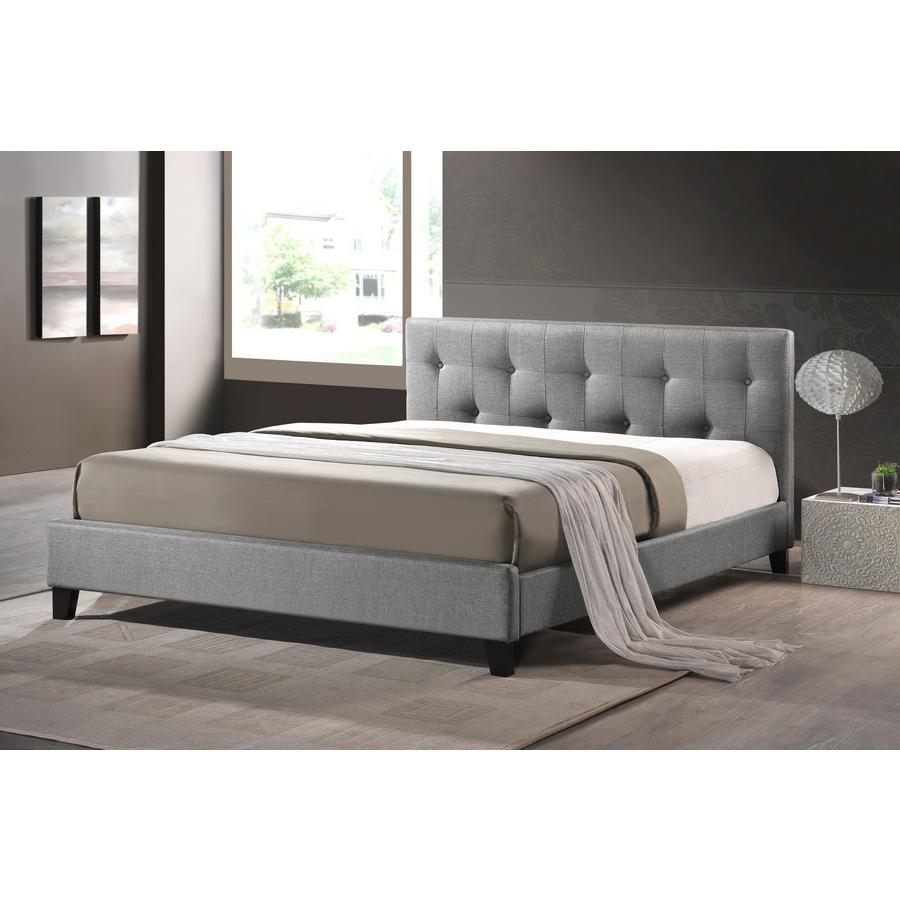 Annette Gray Linen Modern Bed with Upholstered Headboard - Full Size Grey. Picture 1