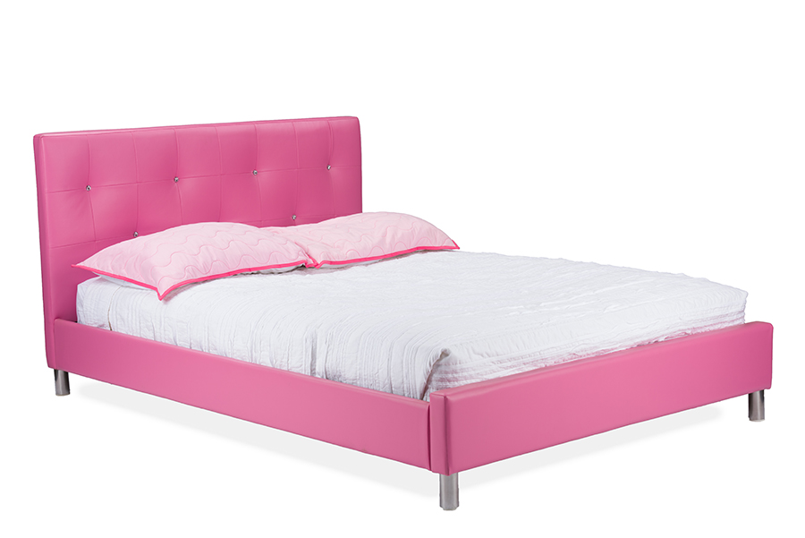 Pink Leather Full Size Bed with Crystal Button Tufting. Picture 1