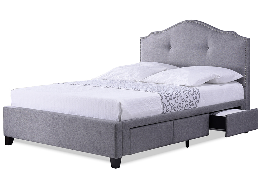Armeena Grey Linen Storage Bed With, Queen Platform Bed With Upholstered Headboard