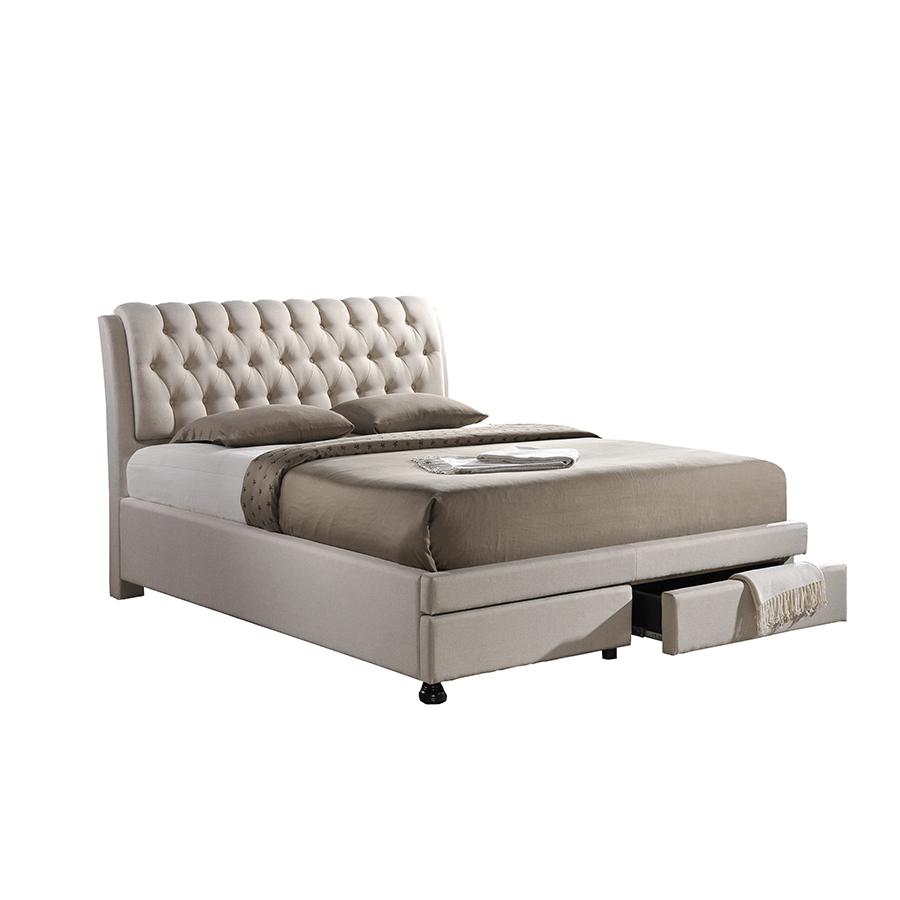 Ainge Contemporary Button-Tufted Light Beige Fabric Upholstered Storage King-Size Bed with 2-drawer. Picture 1