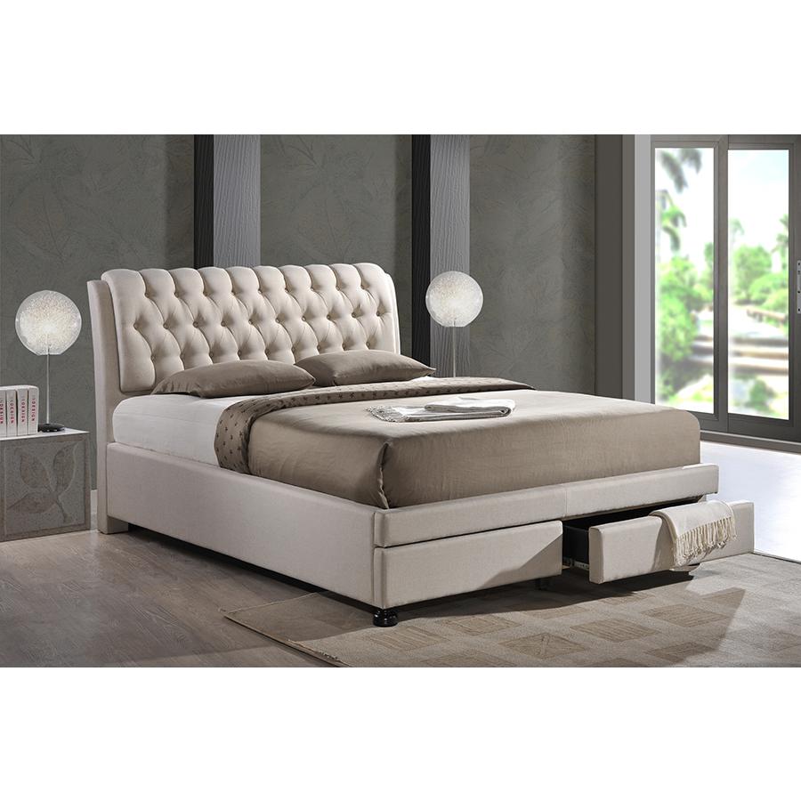 Button-Tufted Light Beige Fabric Upholstered Storage King-Size Bed with 2-drawer. Picture 4