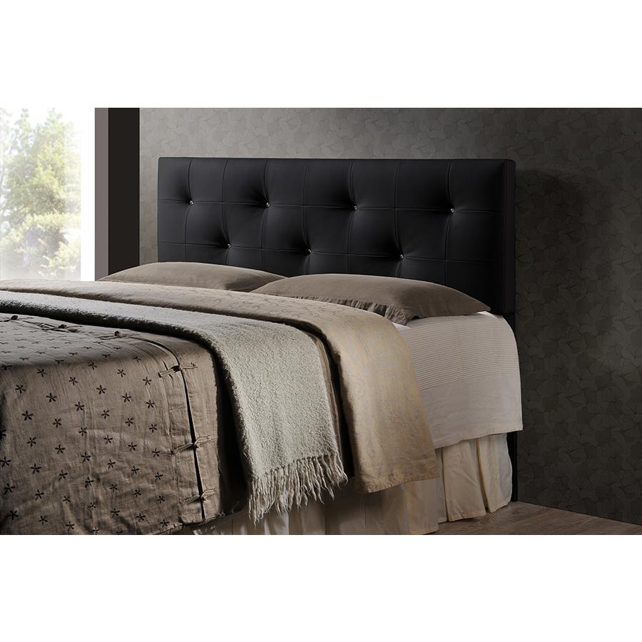 Dalini Modern and Contemporary King Black Faux Leather Headboard with Faux Crystal Buttons. Picture 2