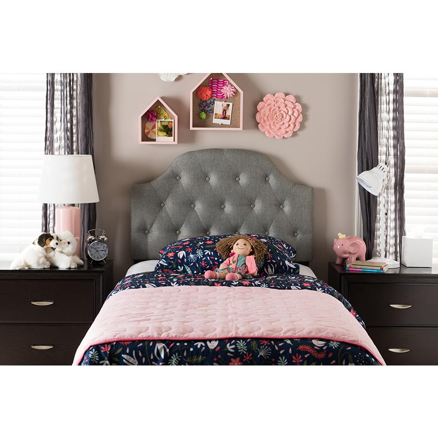 Morris Modern and Contemporary Grey Fabric Upholstered Button-Tufted Scalloped Twin Size Headboard. Picture 4