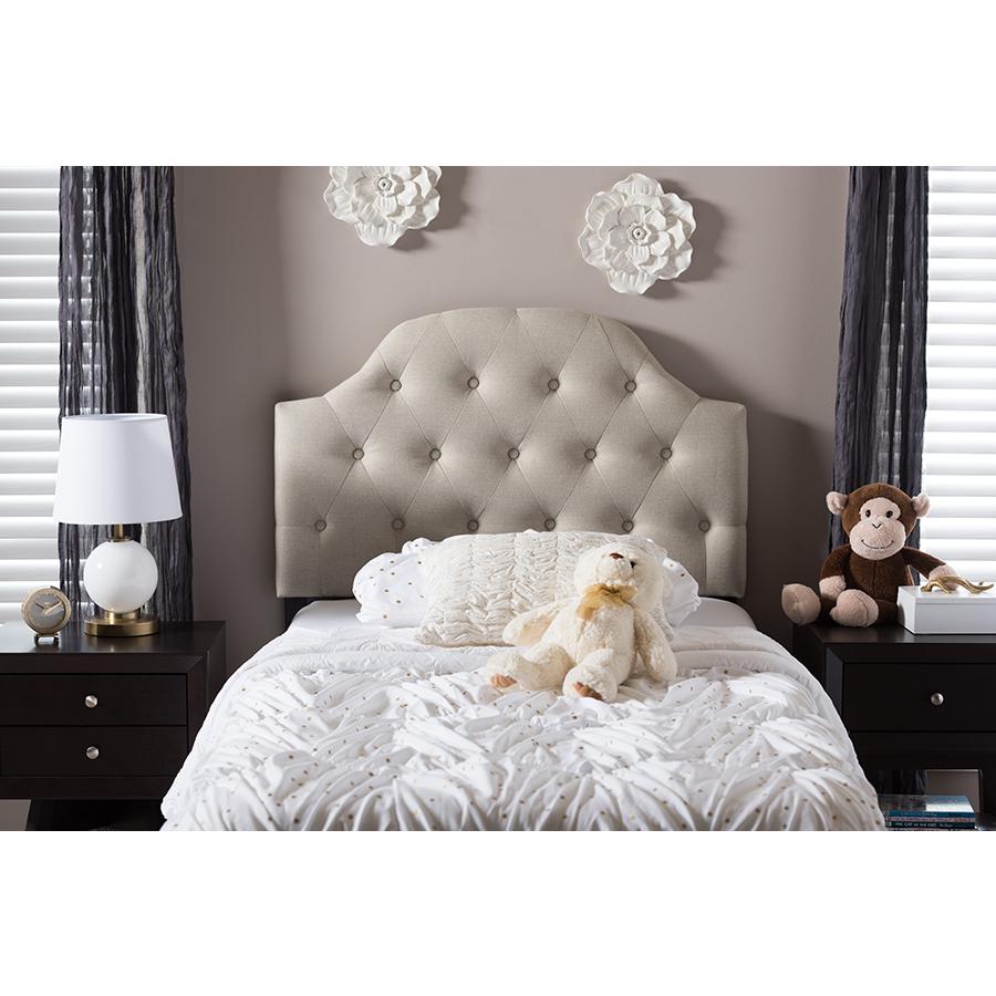 Morris Modern and Contemporary Light Beige Fabric Upholstered Button-Tufted Scalloped Twin Size Headboard. Picture 4
