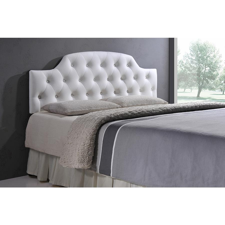 Queen Size White Faux Leather Upholstered Button-tufted Scalloped Headboard. Picture 1