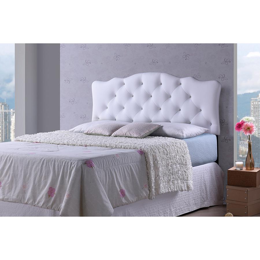 Rita Modern and Contemporary Queen Size White Faux Leather Upholstered Button-tufted Scalloped Headboard. Picture 2