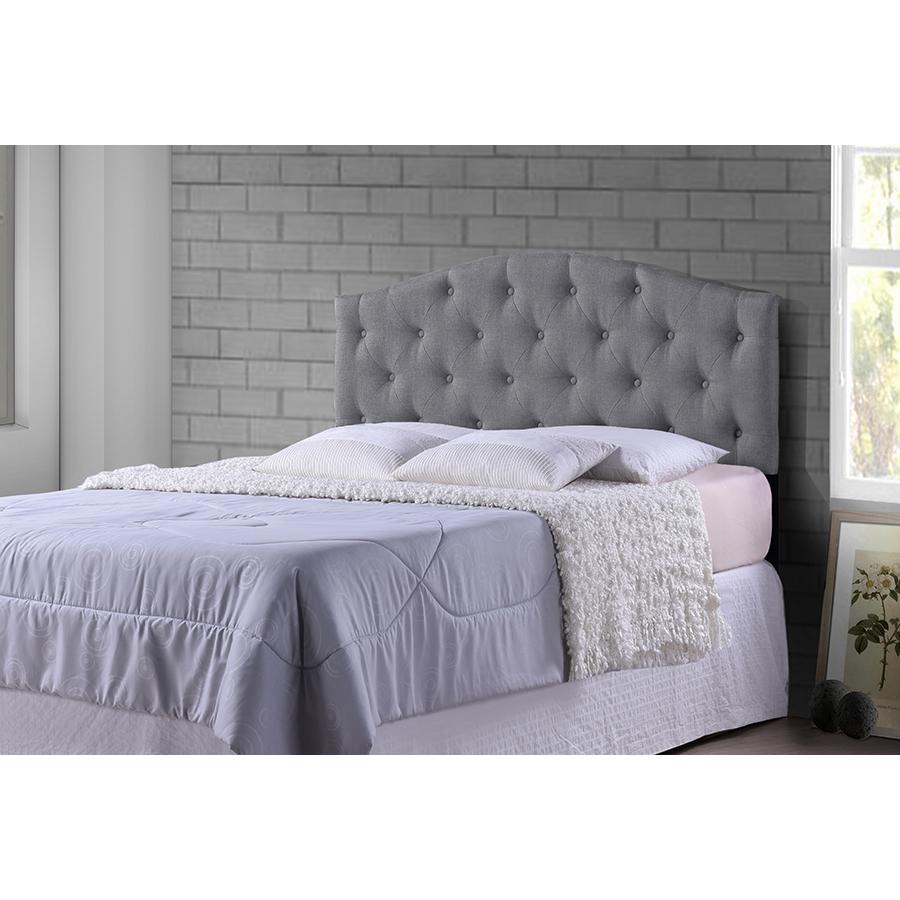 Myra Modern and Contemporary Queen Size Grey Fabric Upholstered Button-tufted Scalloped Headboard. Picture 2