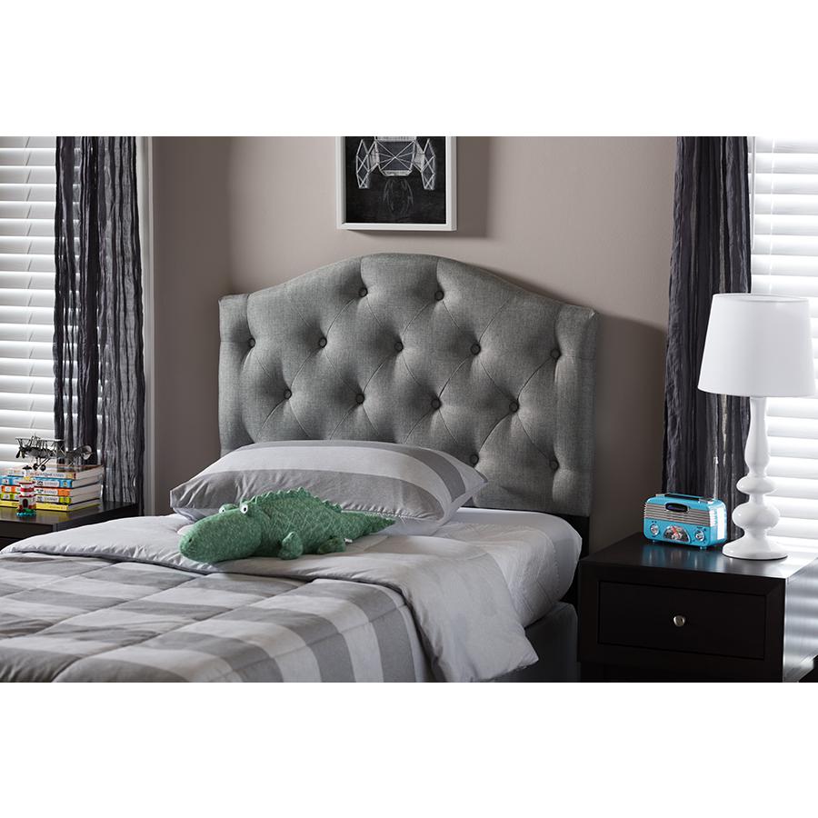 Myra Modern and Contemporary Grey Fabric Upholstered Button-Tufted Scalloped Twin Size Headboard. Picture 3