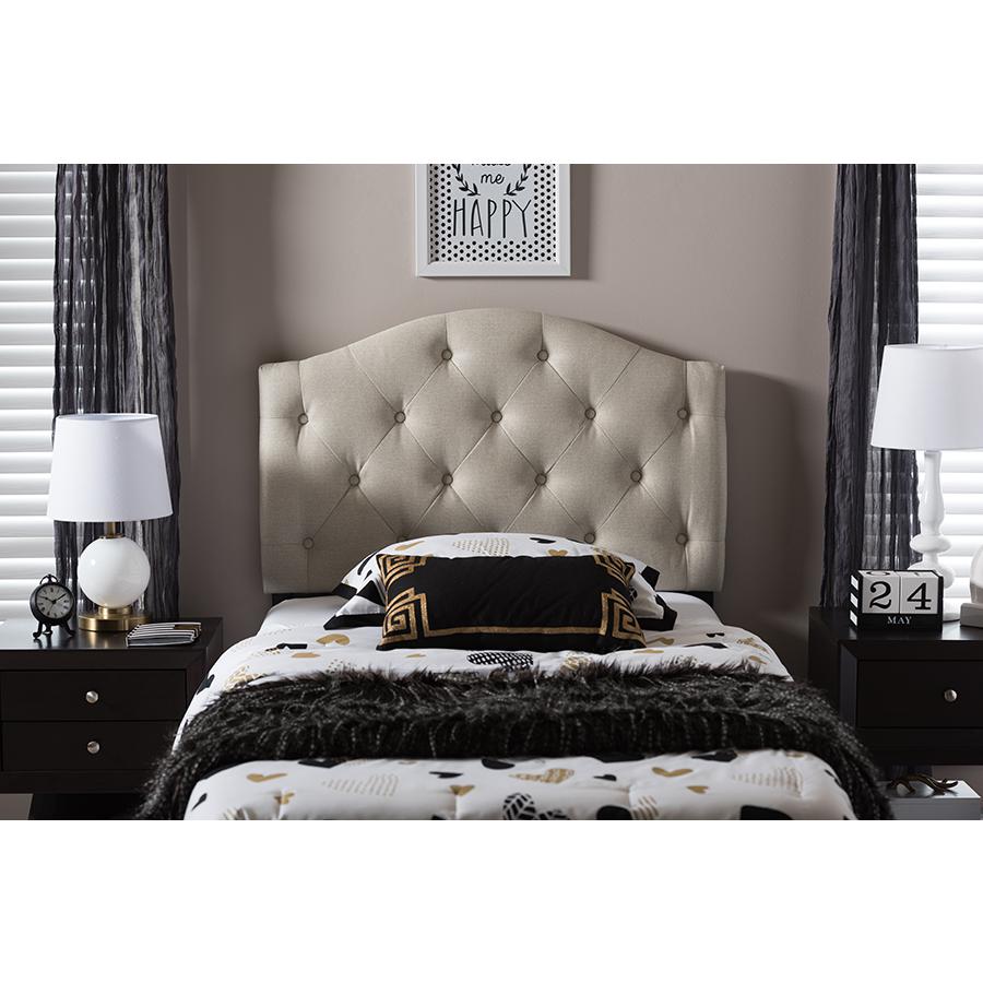 Myra Modern and Contemporary Light Beige Fabric Upholstered Button-Tufted Scalloped Twin Size Headboard. Picture 4