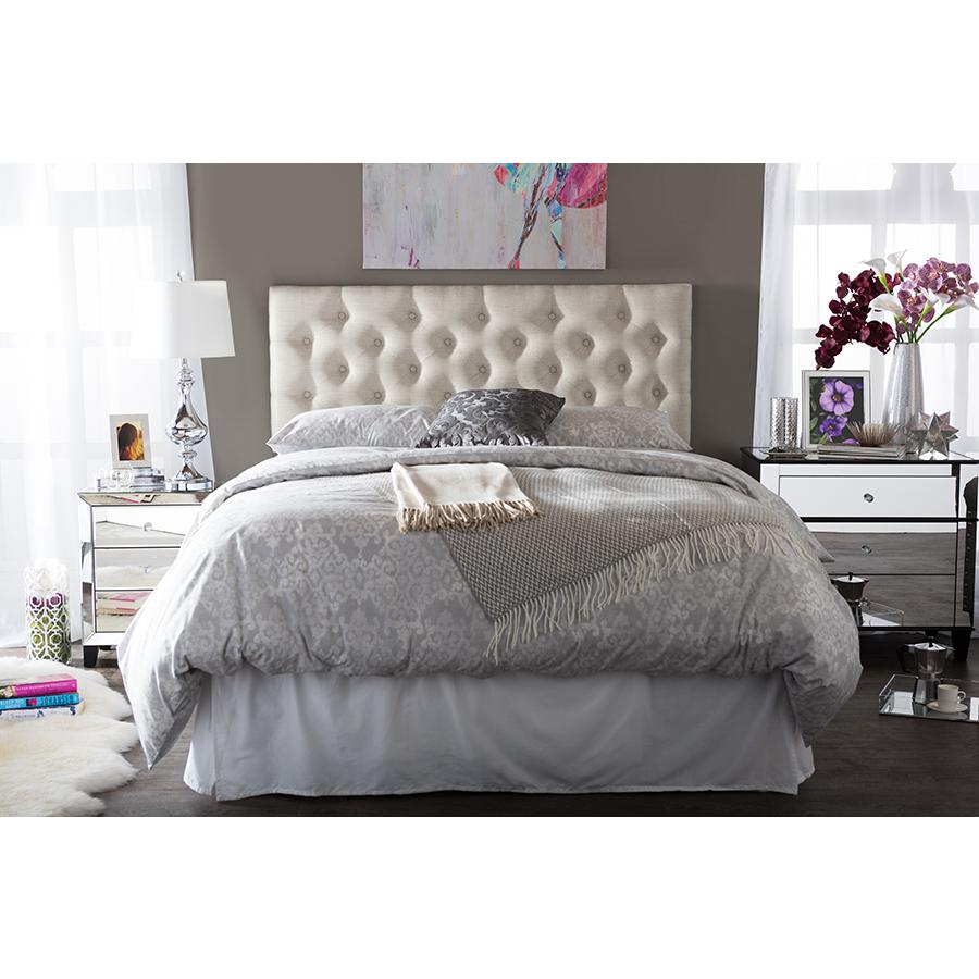 Viviana Modern and Contemporary Light Beige Fabric Upholstered Button-tufted Queen Size Headboard. Picture 4