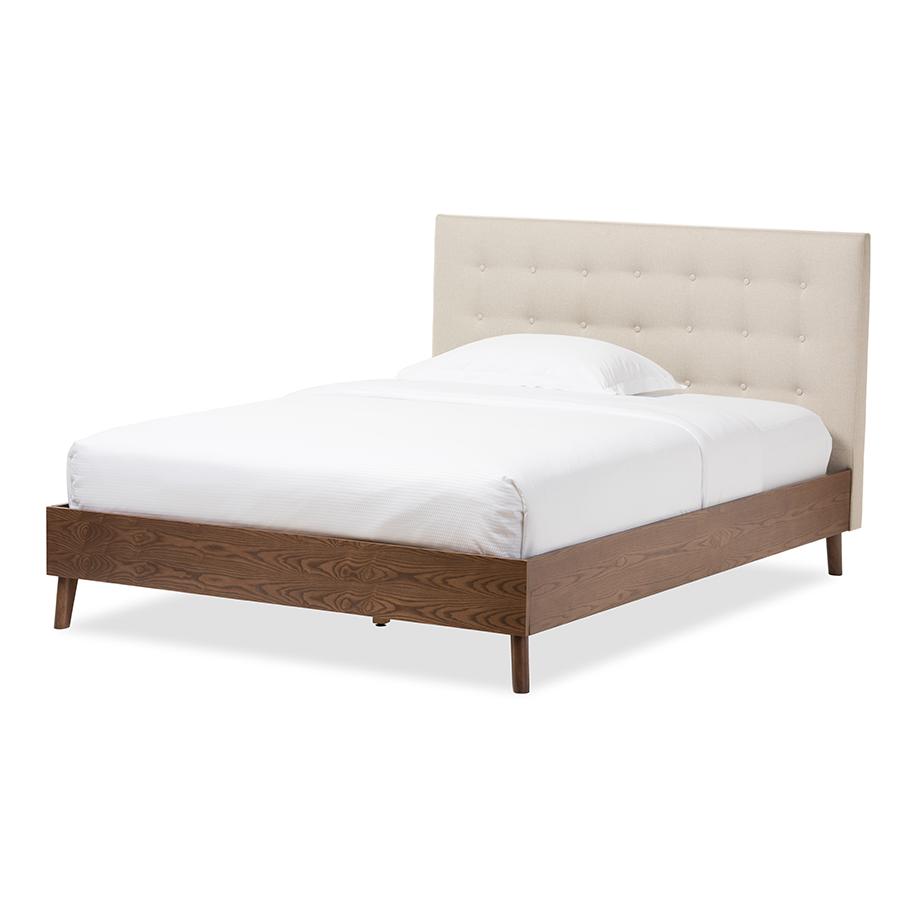 Light Beige Fabric Upholstered Walnut Wood Queen Size Platform Bed. Picture 5