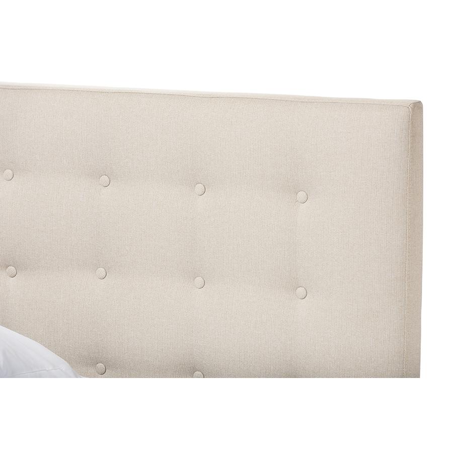Alinia Mid-century Retro Modern Light Beige Fabric Upholstered Walnut Wood Queen Size Platform Bed. Picture 2