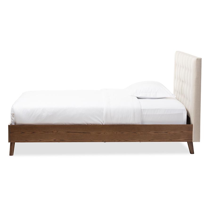 Alinia Mid-century Retro Modern Light Beige Fabric Upholstered Walnut Wood Queen Size Platform Bed. Picture 4