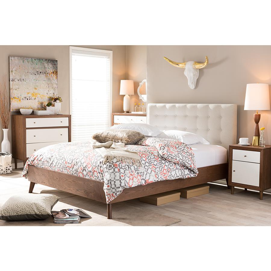 Light Beige Fabric Upholstered Walnut Wood Queen Size Platform Bed. Picture 4