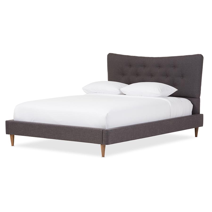 Hannah Mid-Century Modern Dark Grey Fabric King Size Platform Bed. Picture 1