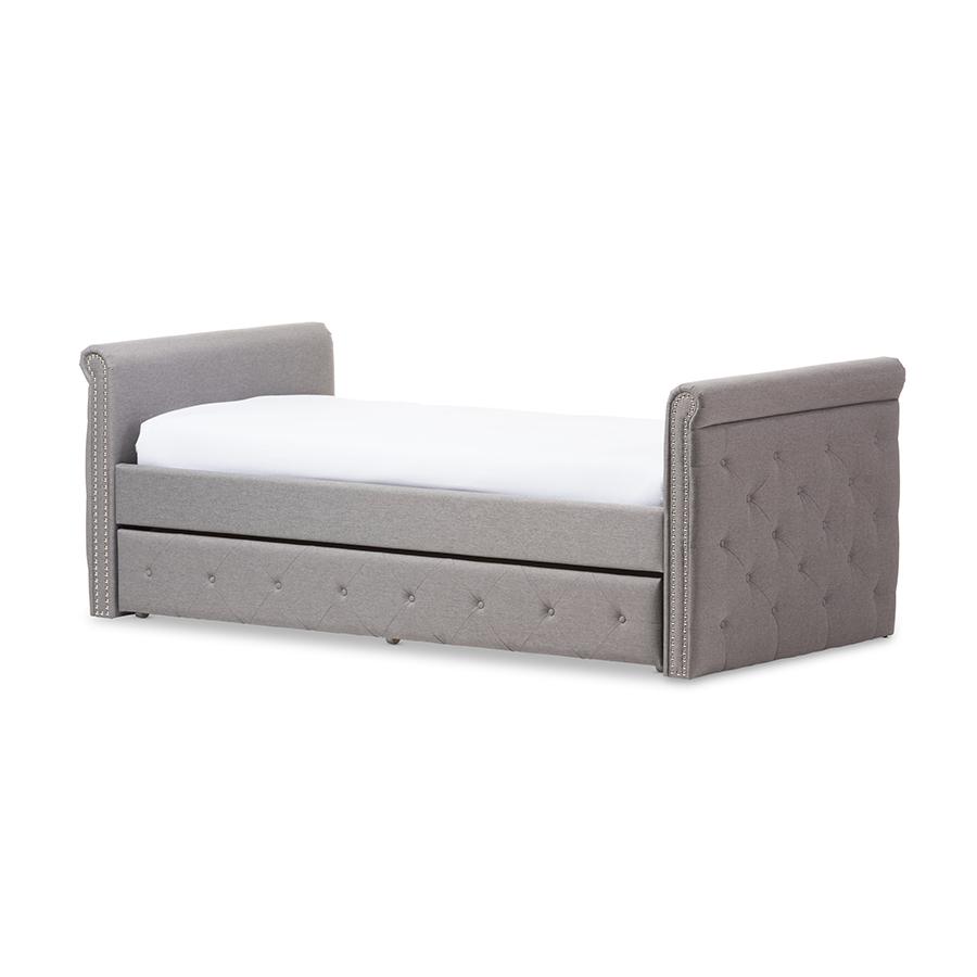Grey Fabric Tufted Twin Size Daybed with Roll-out Trundle Guest Bed. Picture 1