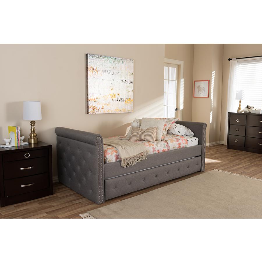 Grey Fabric Tufted Twin Size Daybed with Roll-out Trundle Guest Bed. Picture 10