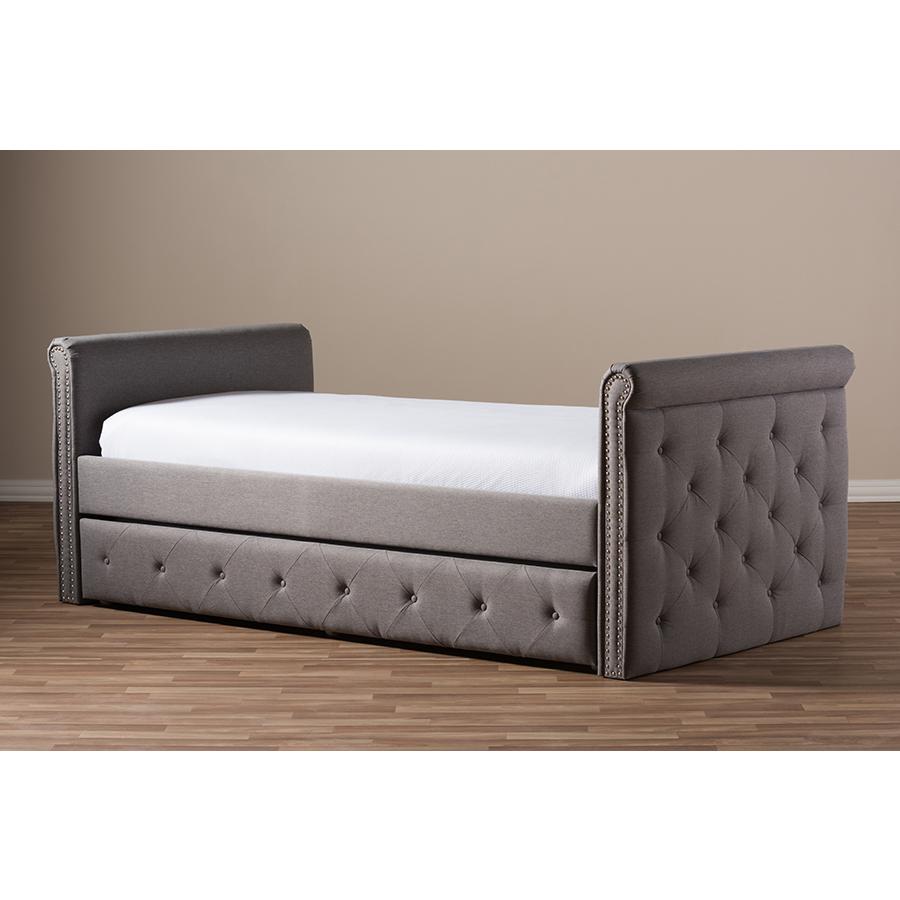 Grey Fabric Tufted Twin Size Daybed with Roll-out Trundle Guest Bed. Picture 12