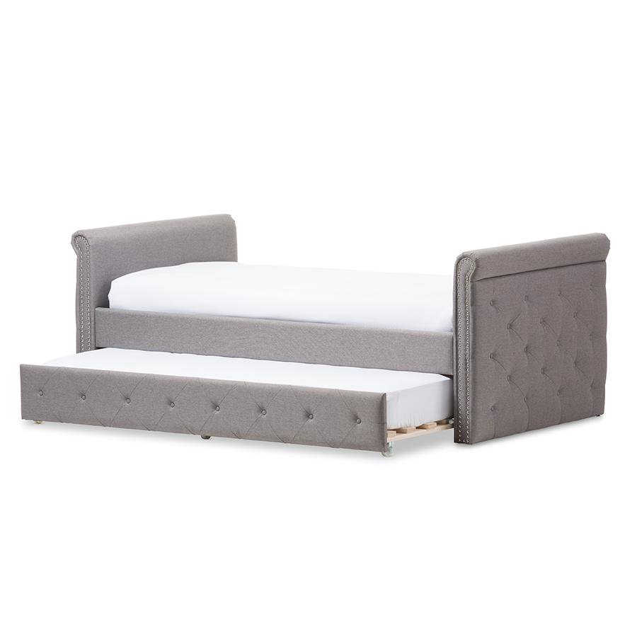 Grey Fabric Tufted Twin Size Daybed with Roll-out Trundle Guest Bed. Picture 2
